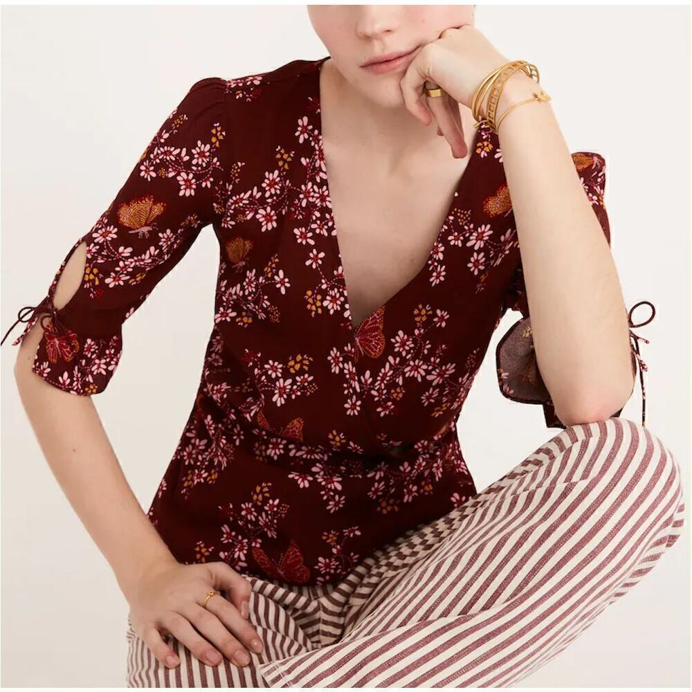 Madewell Tie-Sleeve Wrap Top in Maroon Floral Butterfly Sanctuary Print, Size‎ 2